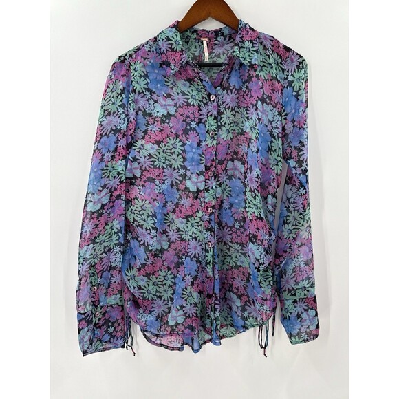 Free People Mathilda Sheer Floral Long Sleeve Button Up Blouse Side Ties SMALL - Picture 4 of 13